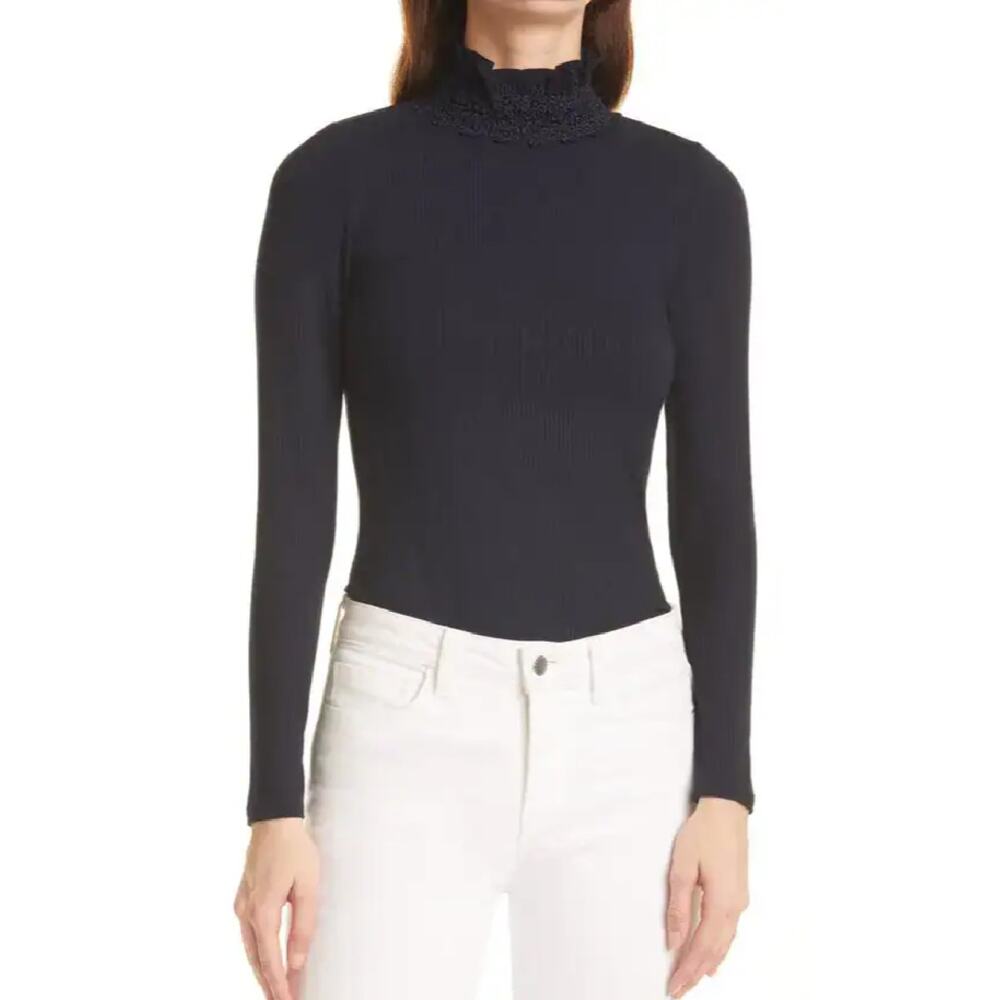 TED BAKER Navy Blue Mock Ruffle  Neck Wilaart Top  Long Sleeve Ribbed US 10